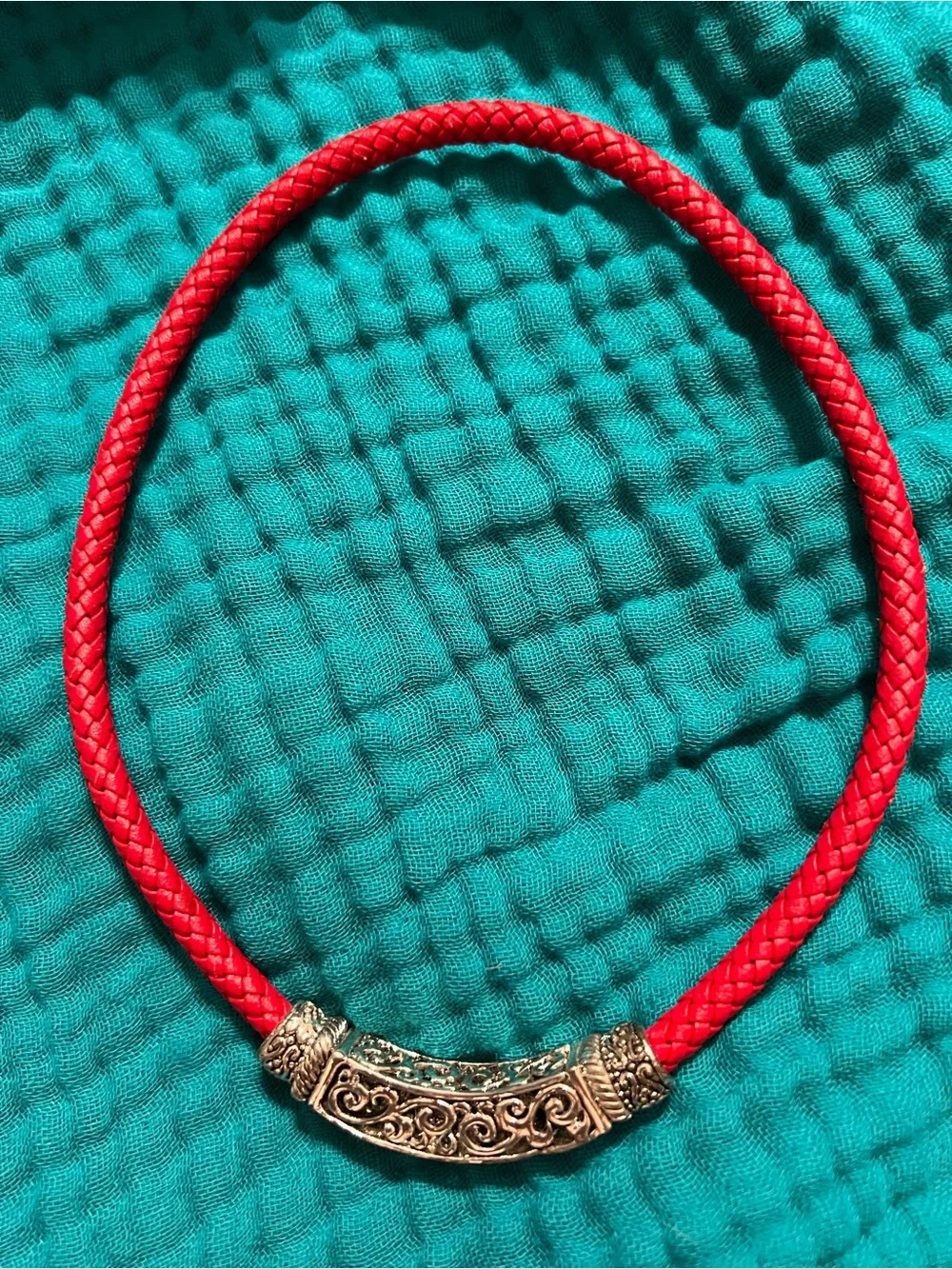 Red Braided Necklace with Ornate Gold Accent - Women's Jewelry magnetic clasp.
